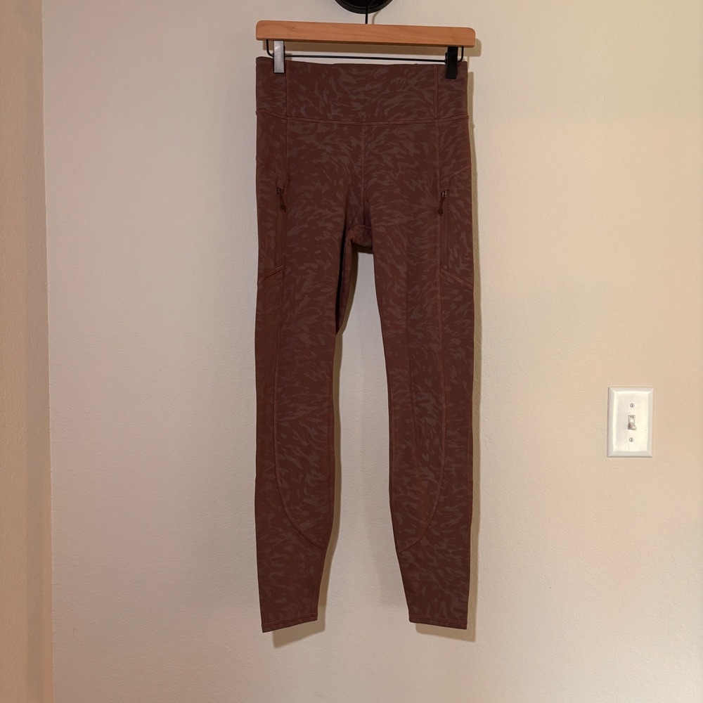 Athleta Rainier Printed Tight S Fleece Lined Mauve Brown Yoga‎ Leggings